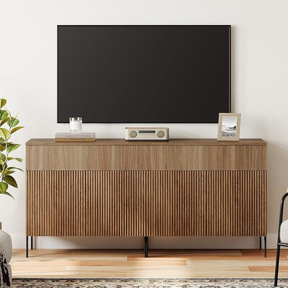 WAMPAT Fluted TV Stand TVs up to 70 inch, 63" W Modern TV Entertainment Center with Storage Cabinets and 2 Drawers & 4 Doors, Wood Media TV Console Table with Storage for Living Room, Light Walnut