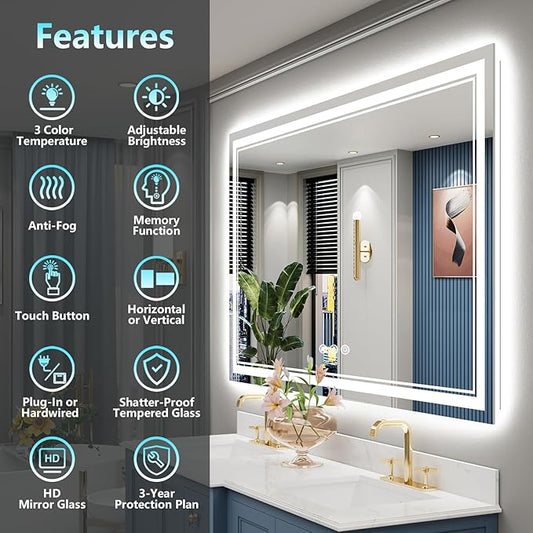 60x36 LED Bathroom Mirror with Lights, Backlit and Front Lit Anti-Fog Lighted Vanity Mirrors for Bathroom Wall, Dimmable, 3-Color Light, Memory, Shatter-Proof, HD Tempered Glass, CRI＞90