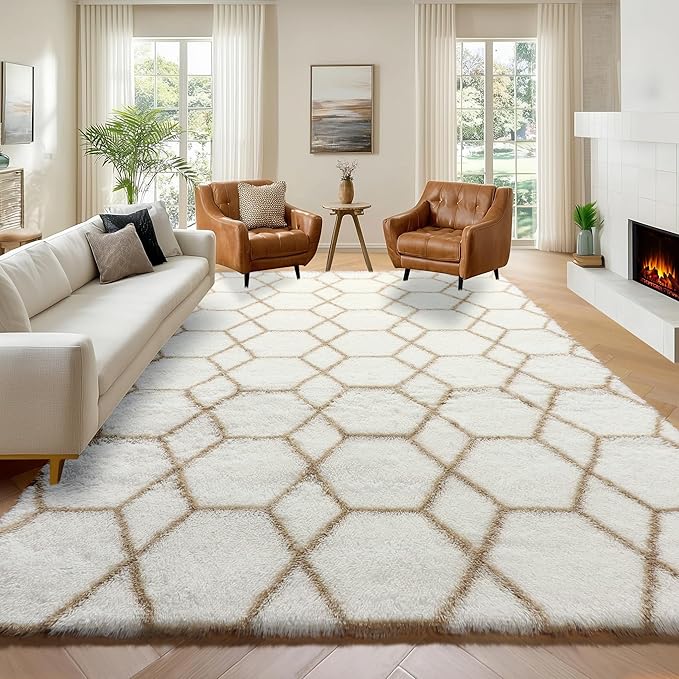 ONASAR 7x9 Area Rugs for Living Room Bedroom, Large Fluffy White and Beige Throw Rug, Geometric Soft Plush Shaggy Indoor Floor Carpet for Nursery Kids Girls Boys Teen Dorm Home Decor Aesthetic