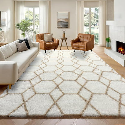 ONASAR 7x9 Area Rugs for Living Room Bedroom, Large Fluffy White and Beige Throw Rug, Geometric Soft Plush Shaggy Indoor Floor Carpet for Nursery Kids Girls Boys Teen Dorm Home Decor Aesthetic