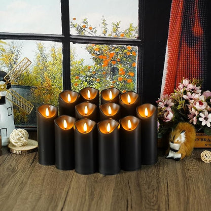 Nimiko Flameless Candles with Remote, Battery Operated Flickering Flameless Candles, LED Candles with Timer 2/4/6/8H, with Realistic LED Candles Set of 12 (D2.2 x H 5" 6" 7") (Black)