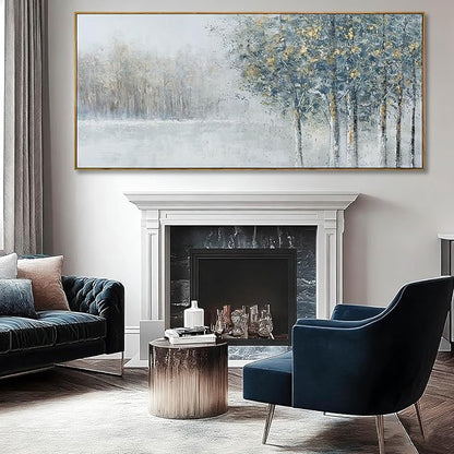 ZENPEE Blue Abstract Wall Art and Grey Tree Textured Forest Scene, 32x71 Oversized Canvas Wall Decor for Living Room Bedroom Entryway