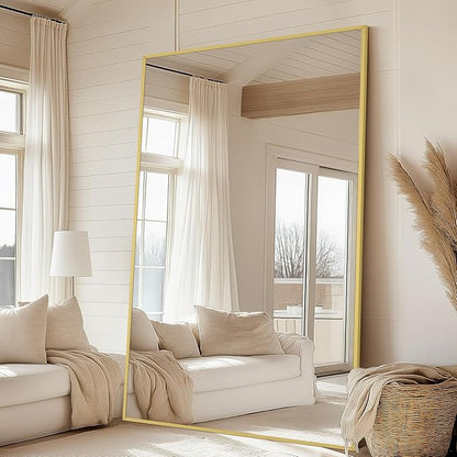 Large Mirror Full Length with Stand, 76"X44" Oversized Floor Mirror Gold Standing Full Length Mirror for Gym Bedroom Living Room Clothing Store, Hanging or Wall Mounted, Tempered Glass