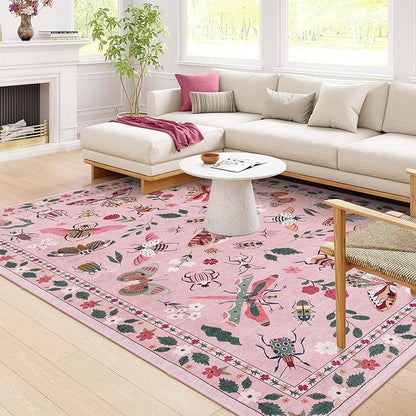 Lahome Insect Washable Rugs 8x10, Soft 8x10 Rugs for Living Room Dining Room Ultra-Thin, Non-Slip Bedroom Rug Large Carpet Non-Shedding Carpet for Girls Classroom Nursery Vionnet(8x10ft,Pink)