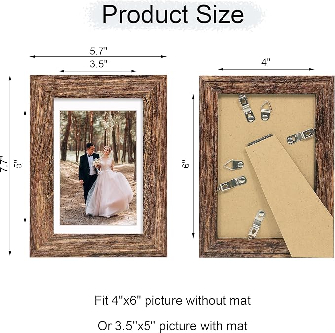 iRahmen 4x6 Picture Frame Set of 2 with High Definition Glass, Wood Photo Frame Display Pictures 3.5x5 with Mat or 4 x 6 without Mat for Tabletop Display and Wall Mounting