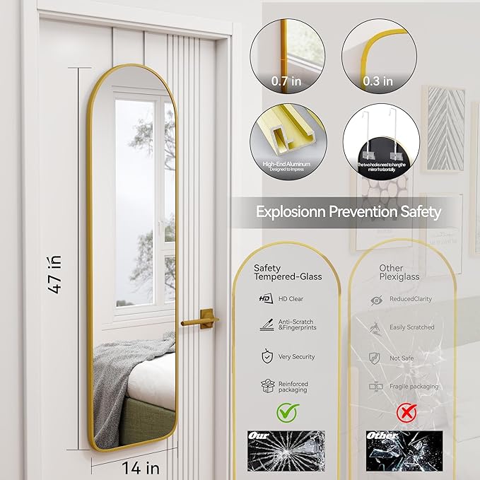 SCWF-GZ 47x14 Mirror Full Length Back Door Hanging or Wall Mounted Aluminum Metal Frame Arch Mirrors for Entryway Bedroom Bathroom Dressing Living Room 47 14 inch Gold