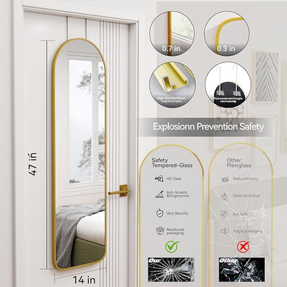 SCWF-GZ 47x14 Mirror Full Length Back Door Hanging or Wall Mounted Aluminum Metal Frame Arch Mirrors for Entryway Bedroom Bathroom Dressing Living Room 47 14 inch Gold