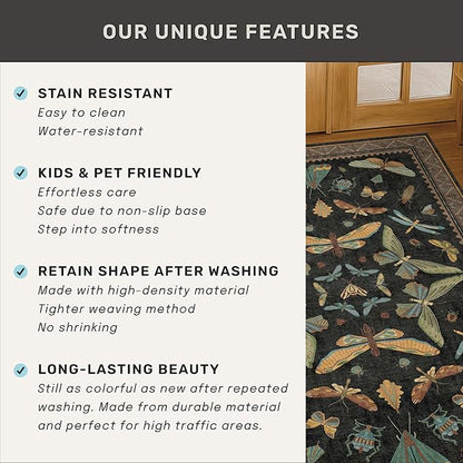 2x6 Black Entryway Runner Rugs Washable Non Slip Runners for Hallway, Kitchen, Mudroom, Laundry Room, Stain Resistant Ultra Soft Non Skid, Nature Insect Fantasy Whimsical Indoor Decor