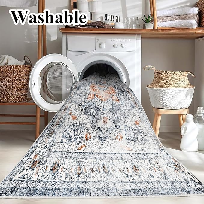 CHAMPLANT Area Rug 8x10 Washable Rug Orange Gray Vintage Traditional Mat Distressed Indoor Foldable Thin Retro Accent Floral Print Non Slip Carpet Living Room Dining Room Office