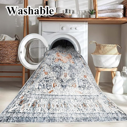 CHAMPLANT 5x7 Washable Thin Foldable Area Rug Gray Vintage Rug Traditional Floor Cover Retro Kitchen Indoor Distressed Non Slip Carpet Floral Print Mat Bedroom Living Room