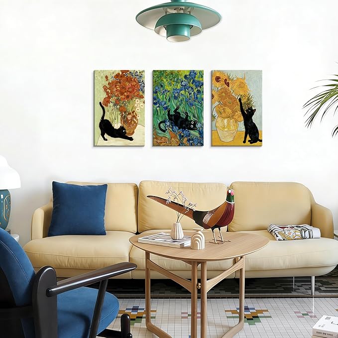 WENGTIAO 3Pcs Black Cat Wall Art Prints Vintage Van Gogh Sunflower Cat Canvas Paintings Irises Floral Pictures Flower Aesthetic Artwork for Living Room Bedroom 16”x24”x3