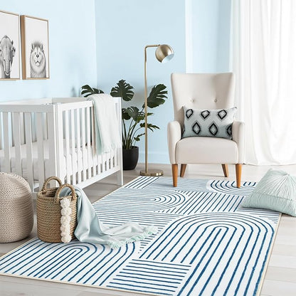Lahome Abstract Washable Rugs, 4x6 Blue Rug for Bedroom Nursery Soft Non Slip Modern Living Room Rug, Ultra-Thin Non-Shedding Throw Carpet for Entryway Kitchen Office Darrell(4'x6',Blue/White)