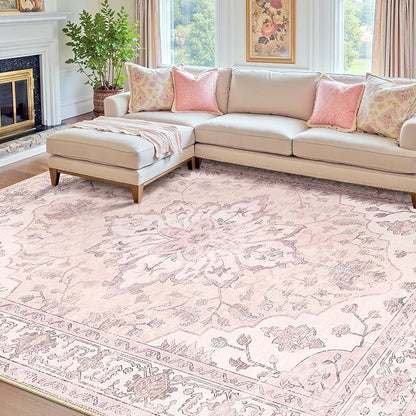 RELEANY Area Rugs 7'x10' Washable Non-Slip, Floral Vintage Distress Print Pattern Medallion Carpet for Living Room Bedroom Dining Room, Pink Greypink Cute