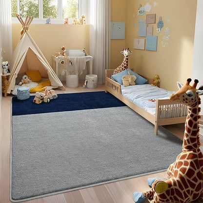 Rugs for Bedroom Living Room, 4x6 ft Grey Navy Blue Area Rug, Washable Memory Foam Non-Slip Carpet, Modern Minimalist Indoor Carpets for Boys Girls Kitchen Home Decor