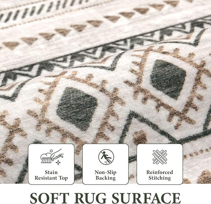 Runner Rug 2x8 Boho Geometric Area Rugs: Washable Kitchen Rug, Soft Non Slip Moroccan Long Hallway Rugs for Bedroom Bathroom Laundry Entryway Staircase Foyer(Brown Green,2'x8')