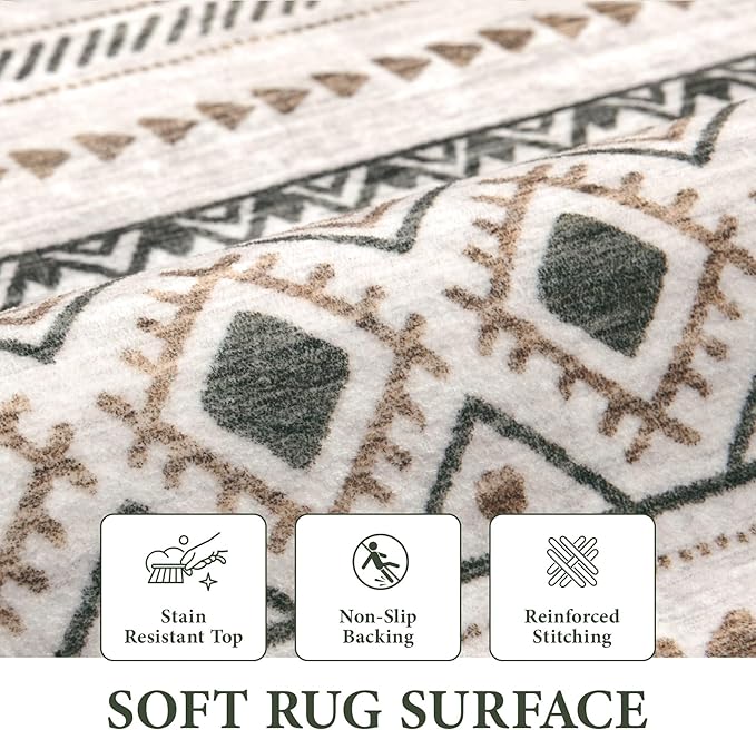 Area Rug for Living Room 10x14: Large Washable Boho Moroccan Rugs Geometric Neutral Rug, Non-Slip Foldable Morden Farmhouse Indoor Floor Carpet for Bedroom Dining Room Home Office（Brown Green,10'x14'）