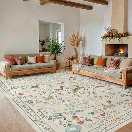 8x10 Area Rugs Washable Rug: Lagre Boho Living Room Rug Soft Non-Slip Thin Carpet Indoor Floor Non-Shedding Neutral Floral Carpets for Bedroom Dining Room Farmhouse Nursery Beige Animal