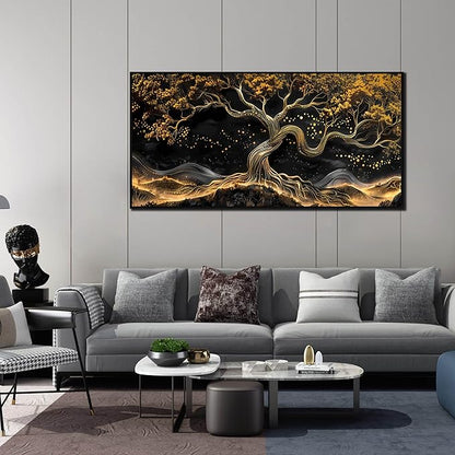 Black and Gold Canvas Wall Art for Living Room - Tree Wall Decor for Bedroom - Large Modern Framed Wall Art for Office Size 29" x 59"