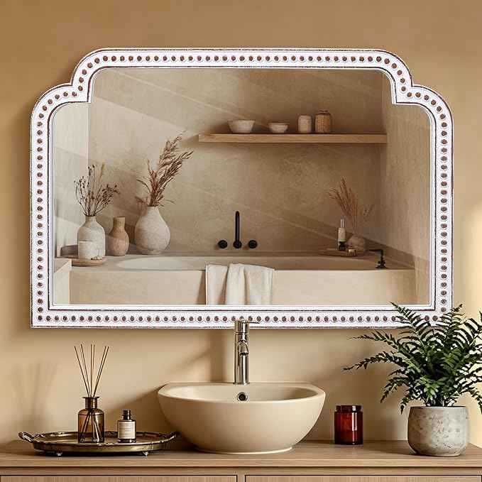 HOITUZYUS 24x36 Inch Farmhouse Wooden Wide Wall Mirror with Beaded Decor, Boho Decorative Mirrors for Living Room, Bedroom, Entryway, Fireplace
