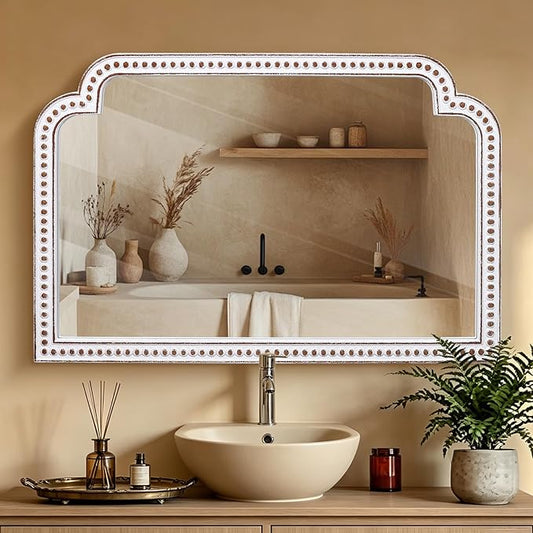 HOITUZYUS 24x36 Inch Farmhouse Wooden Wide Wall Mirror with Beaded Decor, Boho Decorative Mirrors for Living Room, Bedroom, Entryway, Fireplace