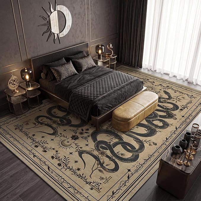 Garvee Snake Gothic 6x9 Area Rug Dark Whimsical Moody Witchy Unique Soft Thin Large Carpet for Living Room Bedroom Dining Room Playroom Indoor Decor Low Pile TPE Backing Taupe