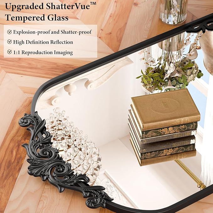 Koonmi Vintage Mirror, 26x38 Retro Wall Mounted Vanity Mirror, Tempered Glass, Detachable Flower Head, Black Antique Decorative Arched Mirrors for Bathroom Entryway Fireplace Hallway
