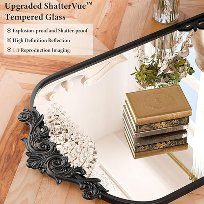Koonmi Vintage Mirror, 26x38 Retro Wall Mounted Vanity Mirror, Tempered Glass, Detachable Flower Head, Black Antique Decorative Arched Mirrors for Bathroom Entryway Fireplace Hallway