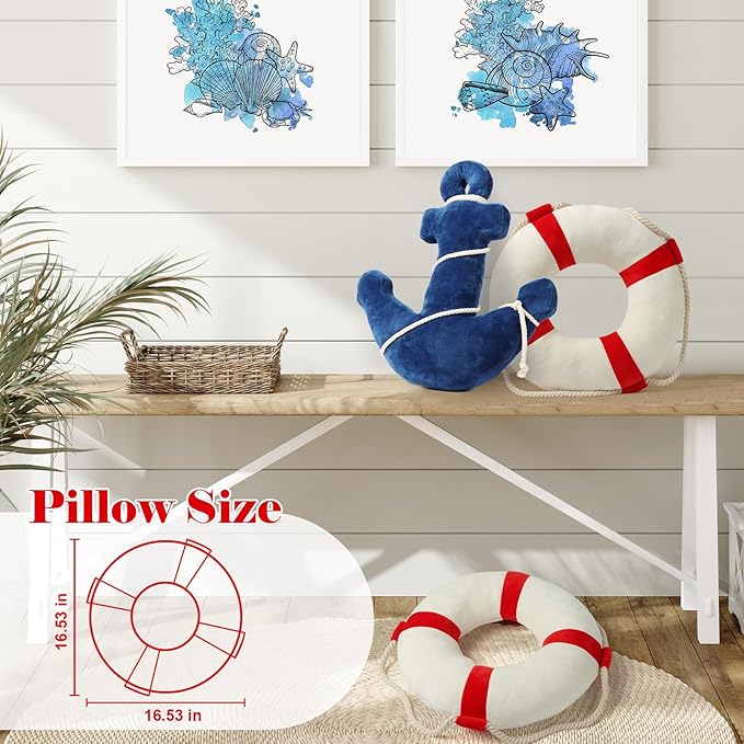 Marble Empire Life Ring Buoy Plush Pillow Nautical Decorative Throw Pillows Coastal Beach Themed Stuffed Pillow for Home Bed Couch