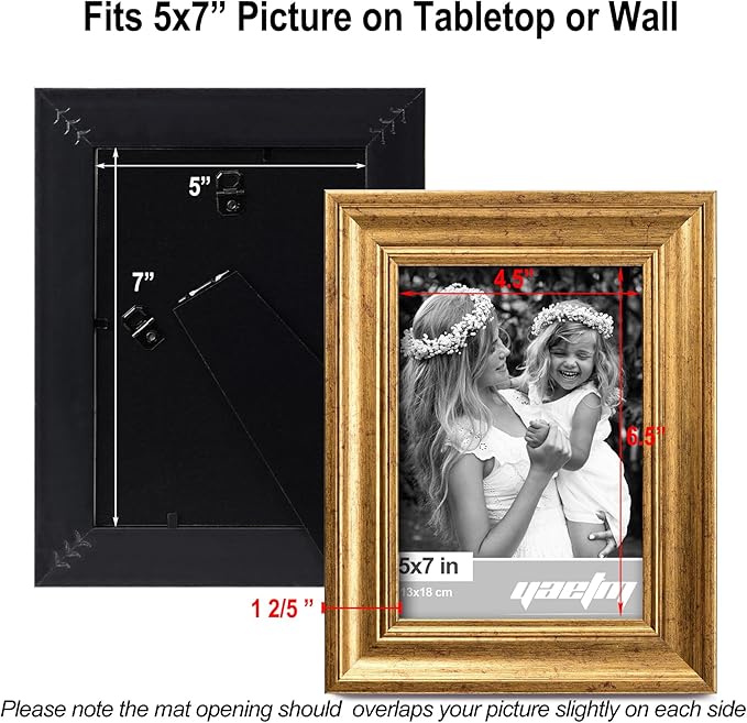 Yaetm 5x7 Gold Picture Frame Set of 4, 1.4” Wide Molding & Rustic Gold Photo Frames 5 x 7 with HD Tempered Glass, Display on Tabletop & Wall Mounting, 4 Pack