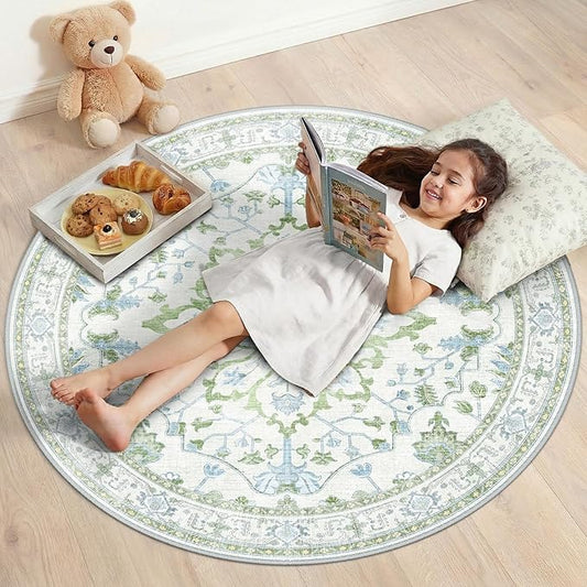 RELEANY Area Rugs Round 4ft Washable Non-Slip, Floral Vintage Distress Print Pattern Medallion Carpet for Living Room Bedroom Dining Room, Green White Blue