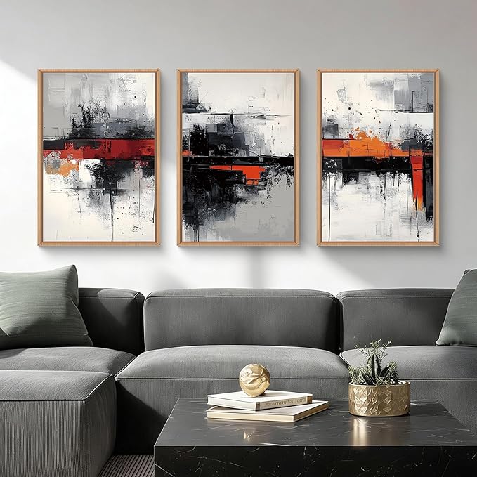 HOURIA Modern Abstract Framed Canvas Wall Art Set,Neutral Black and Orange Wall Decor,Textured Gray White Wall Painting,Pastel Strokes Art Prints for Living Room, Bedroom, Farmhouse-16 x24 x3