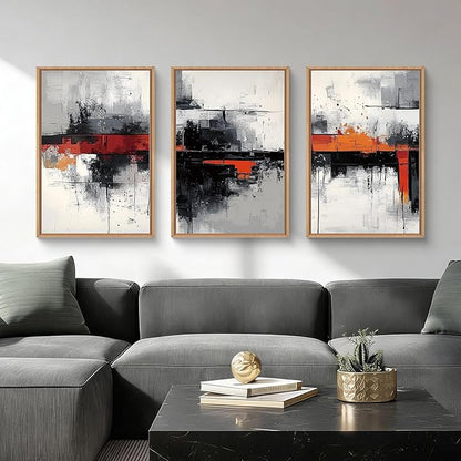 HOURIA Modern Abstract Framed Canvas Wall Art Set,Neutral Black and Orange Wall Decor,Textured Gray White Wall Painting,Pastel Strokes Art Prints for Living Room, Bedroom, Farmhouse-16 x24 x3