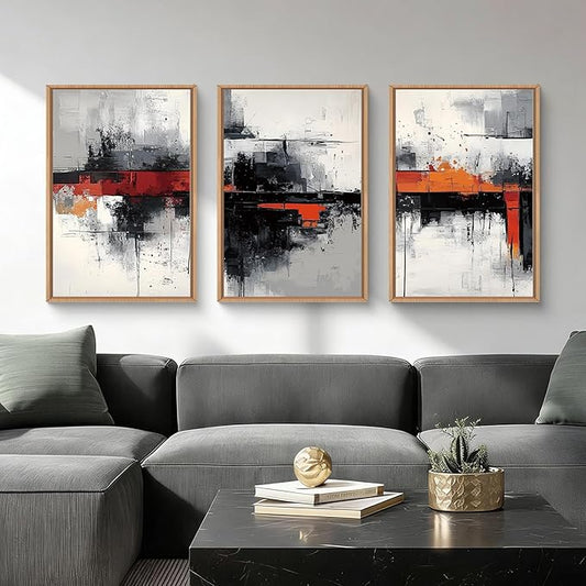 HOURIA Modern Abstract Framed Canvas Wall Art Set,Neutral Black and Orange Wall Decor,Textured Gray White Wall Painting,Pastel Strokes Art Prints for Living Room, Bedroom, Farmhouse-24 x36 x3