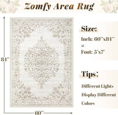 Area Rug 5x7 Vintage Rug: Washable Indoor Medallion Rugs Low Pile Distressed Floor Carpet Retro Accent Rug for Living Room Bedroom Kitchen Dining Table Home Office(Vintage Beige, 5'x7')