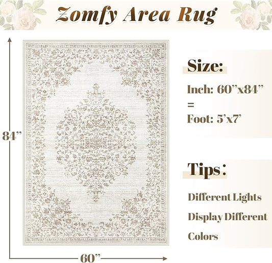 Area Rug 5x7 Vintage Rug: Washable Indoor Medallion Rugs Low Pile Distressed Floor Carpet Retro Accent Rug for Living Room Bedroom Kitchen Dining Table Home Office(Vintage Beige, 5'x7')