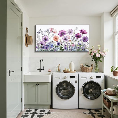 SERIMINO Oversized Wall Art, Flower Wall Art, Large Wall Decor, White Purple Wildflowers Picture, Nature Botanical Prints, Big Paintings for Living Room Dining Room Hallway Modern Farmhouse 29"x57"