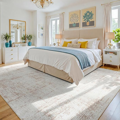 9x12 Area Rugs for Living Room Washable Rug: Anti-Skid Abstract Modern Living Room Rug Soft Thin Carpets Indoor Floor Non-Shedding Carpet for Bedroom Dining Farmhouse Nursery Home Office Beige White