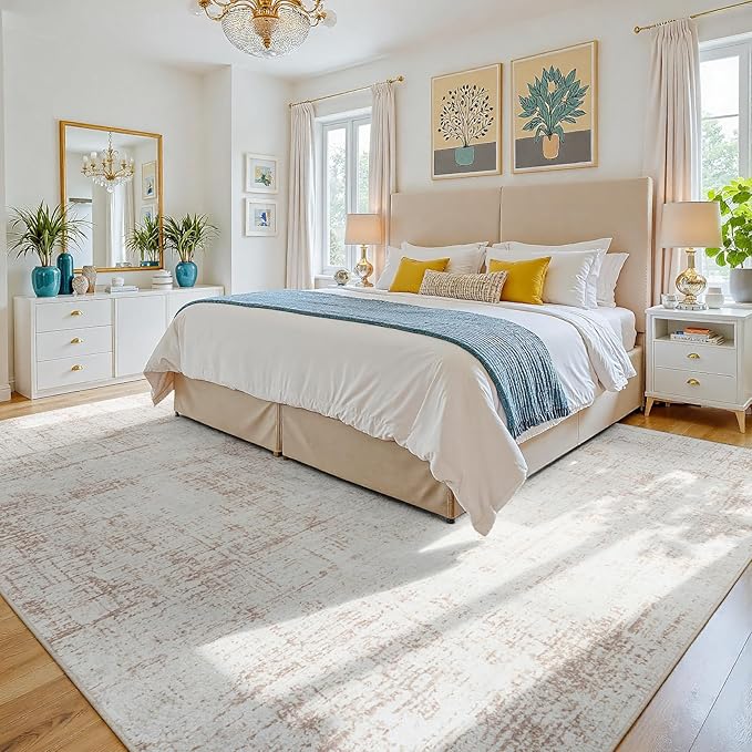 8x10 Area Rugs for Living Room Washable Rug: Anti-Skid Abstract Modern Living Room Rug Soft Thin Carpets Indoor Floor Non-Shedding Carpet for Bedroom Dining Farmhouse Nursery Home Office Beige White