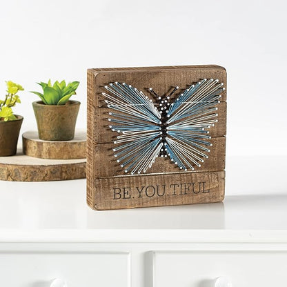 Primitives by Kathy Distressed Wood Slat Sign - 'Be.You.Tiful' with Hand-Strung Heart, Wall Art & Desk Decor for Home