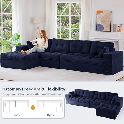 MAXYOYO 132" L Shaped Modular Sectional Sofa with Ottoman, Cloud Boneless Couch with Layered Cushion, Upholstered Sofa in a Box, Flexible Module Combination for Living Room, No Assembly, Navy