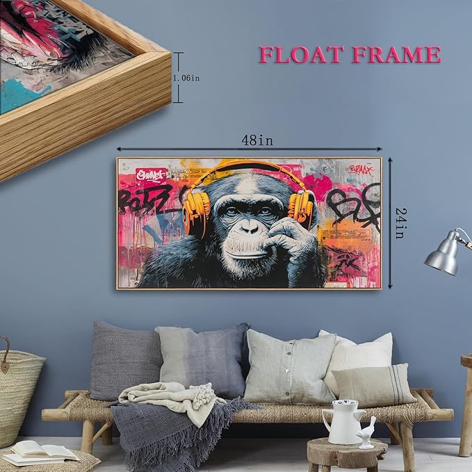 Sorbrozo Colorful Gorilla Wall Art with Headphones Animal Canvas Painting Music DJ Street Graffiti Art Print for Boy Bedroom Wall Decoration 24x48in