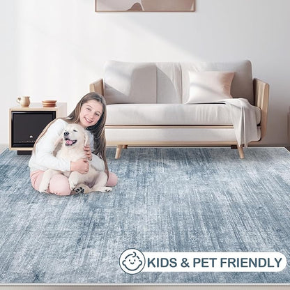 Area Rugs 6x9 Living Room: Washable Rug Modern Abstract Large Rugs Soft Non Slip Neutral Rug Stain Resistant Indoor Carpet for Bedroom Kitchen Dining Room Table Nursery Home Office Rugs(Blue,6'x9')
