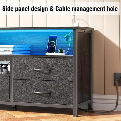 Furologee 63 Inch Entertainment Center Dresser for Bedroom, TV Stand for 65 70 Inch TVs, 6 Drawers Dresser with Power Outlets and LED Lights, Media Console with PU Leather Surface for Living Room