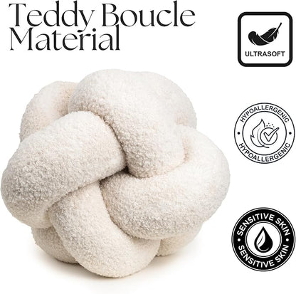 SAMIAH LUXE Vanilla Cream Teddy Boucle Knot Pillow Ball 12", Permanently Stitched Knotted Decorative Throw Pillow, Natural Kapok Fill, Round Accent Pillow for Couch Sofa Bed, Boho Home Decor