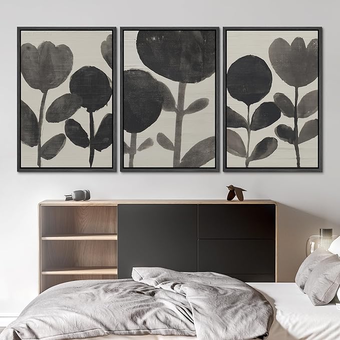 SIGNLEADER Framed Canvas Print Wall Art Set Black Ink Floral Silhouette Neutral Illustrations Minimal Decorative Bohemian Nordic for Living Room, Bedroom, Office - 16"x24"x3 BLACK