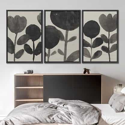 SIGNLEADER Framed Canvas Print Wall Art Set Black Ink Floral Silhouette Neutral Illustrations Minimal Decorative Bohemian Nordic for Living Room, Bedroom, Office - 24"x36"x3 BLACK
