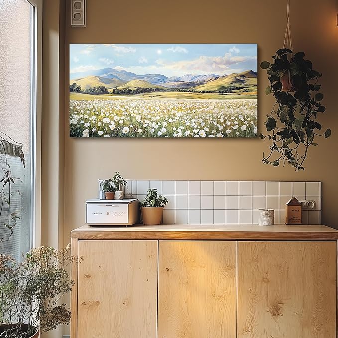 crmotu Large Landscape Wall Art, Flower Wall Art, Nature Wall Decor, Meadow with Wildflowers Canvas Prints, Rustic Aesthetic Pictures for Living Room Bedroom Above Bed Hallway Farmhouse 29x57inch