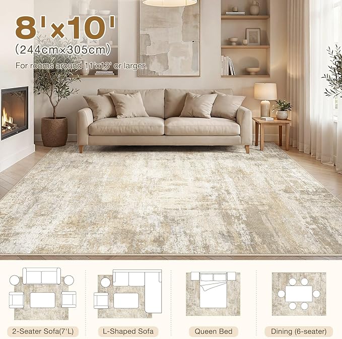 cotiled 8x10 Area Rugs for Living Room - Washable Neutral Abstract Carpet Non Slip Soft Rug for Bedroom & Dining Table, Robot Vacuum & Pet Friendly Floor Decor Beige