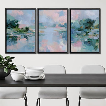 SIGNLEADER Framed Canvas Print Wall Art Set Soft Pastel Lake Landscape Illustrations Minimal Decorative Bohemian Nordic for Living Room, Bedroom, Office - 24"x36"x3 BLACK