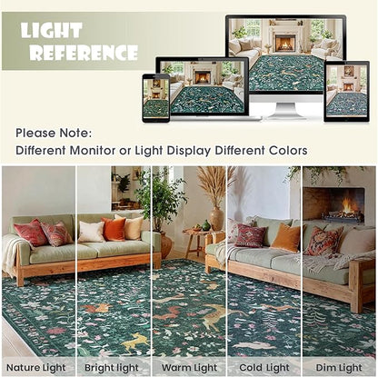 8x10 Area Rugs Washable Rug: Lagre Boho Living Room Rug Soft Non-Slip Thin Carpet Indoor Floor Non-Shedding Neutral Floral Carpets for Bedroom Dining Room Farmhouse Nursery Dark Green